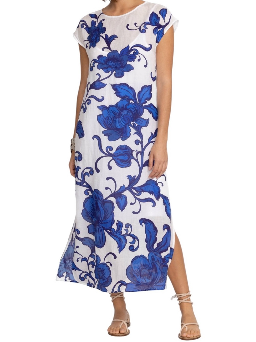 Johnny Was Workshop Blue Floral Ramie Maxi Dress Boho Resort Size M EUC